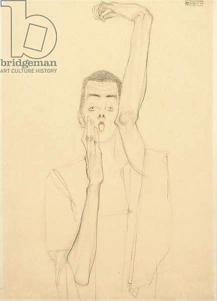 Young Man with a Raised Arm and Red Mouth; Selbstbildnis mit Erhobenem Linken Arm und Rotem Mund, 1909