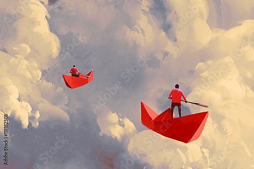 Красные бумажные кораблики в небе