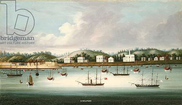 A view of Singapore from the roads with American, French and British shipping, c.1850