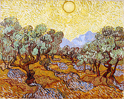 Постер Ван Гог Винсент (Vincent Van Gogh) Оливковые деревья с желтым небом и солнцем Постер Ван Гог Винсент (Vincent Van Gogh) Оливковые деревья с желтым небом и солнцем