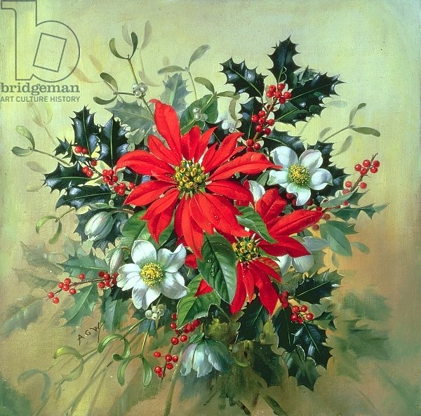 AB/130 A Christmas arrangement with holly, mistletoe and other winter flowers