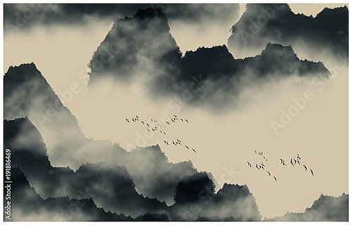 Китайский пейзаж с птицами над горами