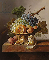 Постер Брюн Иоханнес Grapes, an orange and walnuts in a wicker basket with a lemon and plums, all on a marble ledge Постер Брюн Иоханнес Grapes, an orange and walnuts in a wicker basket with a lemon and plums, all on a marble ledge