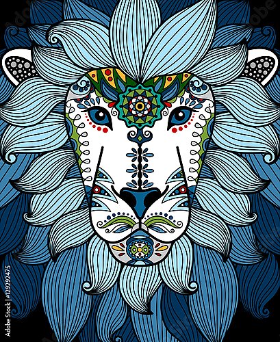 Голова льва с синим этническим растительным орнаментом