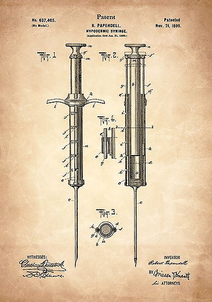 Постер Патент на шприц для подкожных инъекций, 1899г