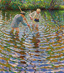 Постер Богданов-Бельский Николай Young Boys Fishing for Crayfish, Постер Богданов-Бельский Николай Young Boys Fishing for Crayfish,