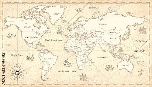Винтажная карта мира с границами