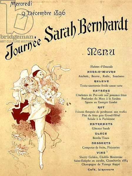 Mercredi 9 decembre 1896, Journee Sarah Bernhardt, Menu Card, 1896