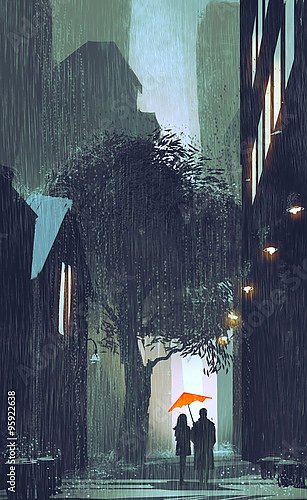 Пара с красным зонтом в дождь на улице