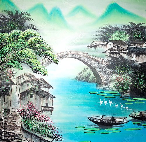 Китайский традиционный пейзаж с рекой