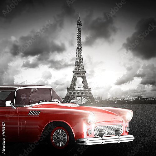 Красный автомобиль у Эйфелевой башни