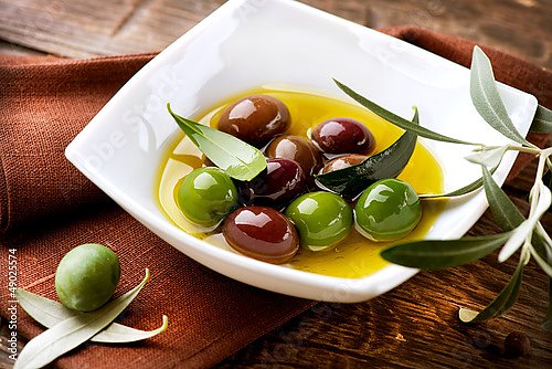 Зеленые и черные оливки в пиале с оливковым маслом