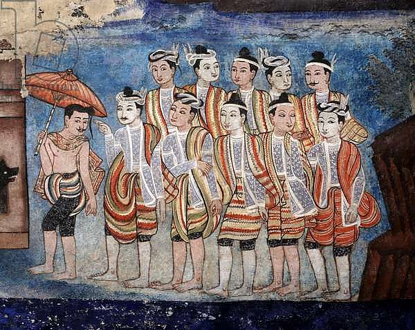 A group of Thai yai men, detail of the murals of Viharn laikam portraying the Sang Thong Tales