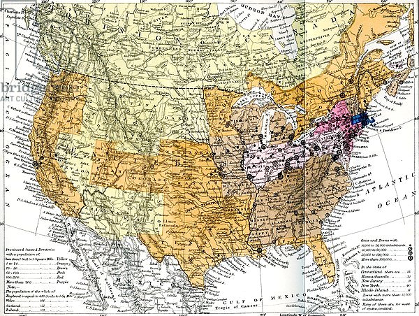Map showing the density of the population of the United States of America in 1880 and Canada in 188