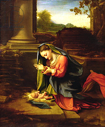 Постер Корреджо (Correggio) Our Lady Worshipping the Child, c.1518-20 Постер Корреджо (Correggio) Our Lady Worshipping the Child, c.1518-20