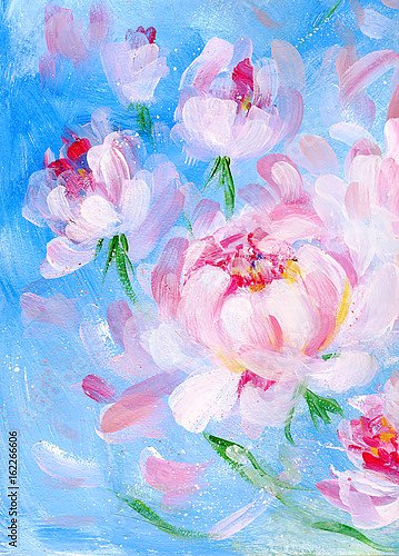 Цветущий куст розовых пионов, деталь 