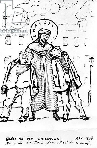William Morris and Edward Burne-Jones being blessed by Chaucer, cartoon, 1896