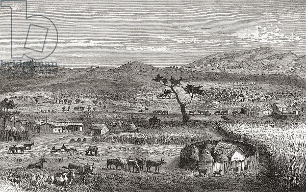 A settlement in Kouihara, West Africa, illustration from 'The World in the Hands', published 1878
