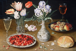 Постер Бирт Осис Still life with Lilies, Roses, Tulips, Cherries and Wild Strawberries Постер Бирт Осис Still life with Lilies, Roses, Tulips, Cherries and Wild Strawberries