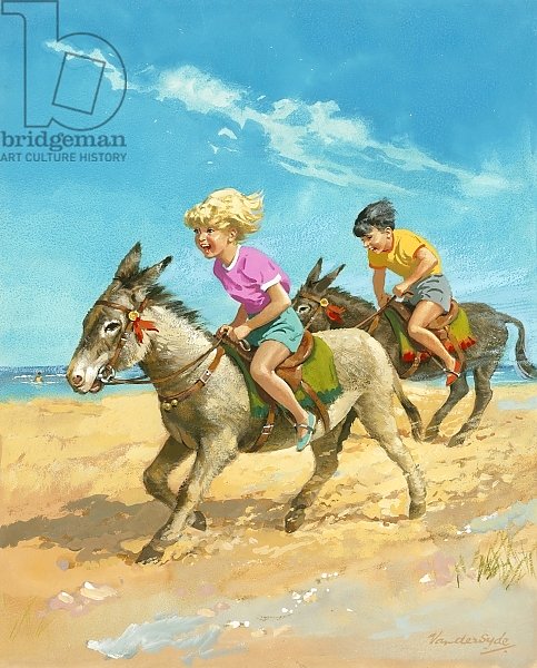 Boy and girl riding donkeys on the beach