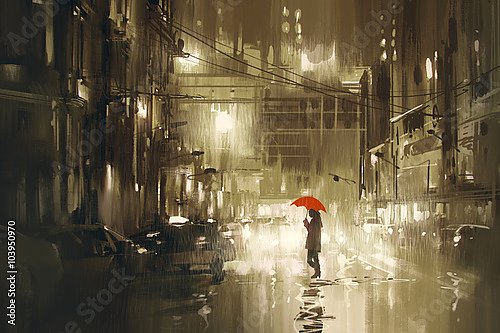 Человек с красным зонтом в сером городе