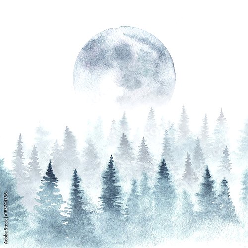 Пейзаж зимнего леса и восходящей луны