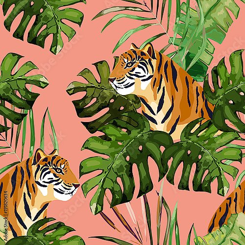 Тропический узор с тигром и пальмовыми листьями