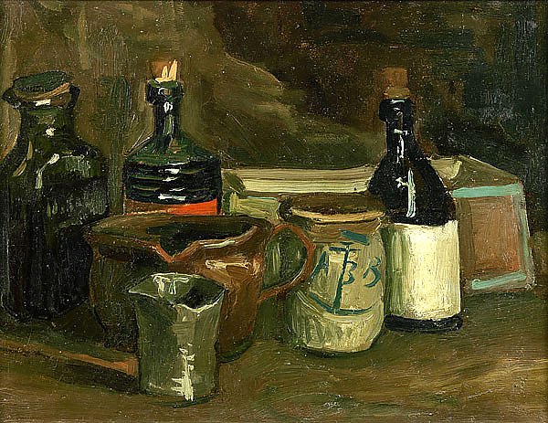Натюрморт с бутылками и глиняной посудой, 1884-85