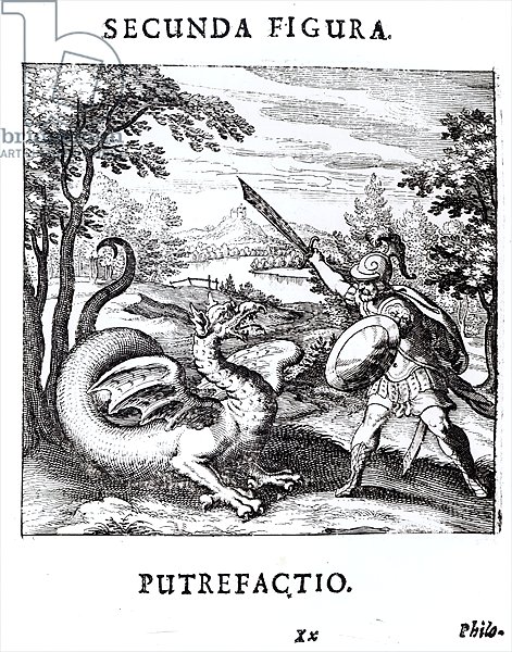 A knight defeating 'Rot' which is embodied by a dragon, 1678