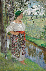 Постер Богданов-Бельский Николай Peasant Woman by a Brook, 1912 Постер Богданов-Бельский Николай Peasant Woman by a Brook, 1912