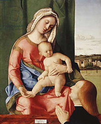 Постер Беллини Джованни The Madonna and Child with a Male Donor, a landscape beyond, Постер Беллини Джованни The Madonna and Child with a Male Donor, a landscape beyond,