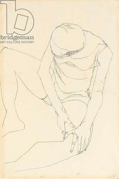 Female nude bent forward, both hands on the left thigh, 1913
