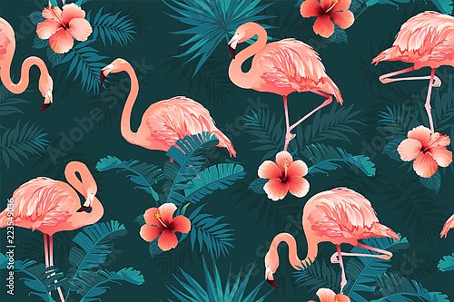 Розовые фламинго в тропическом лесу