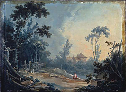 Постер Буше Франсуа (Francois Boucher) A Wooded Landscape with Buildings in the Distance Постер Буше Франсуа (Francois Boucher) A Wooded Landscape with Buildings in the Distance