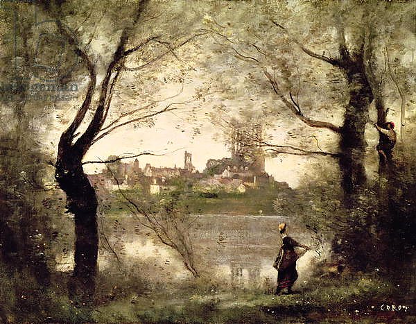 View of the Town and Cathedral of Mantes Through the Trees, Evening