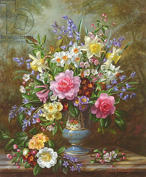 AB/200/2 Bluebells, daffodils, primroses and peonies in a blue vase