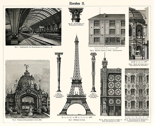 Чугунная архитектура (1894 г., коллекция архитектурных проектов, выполненных из железа, в частности Эйфелева башня.
