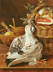 Постер Мелендес Луис Still Life with pigeons, wicker basket, ham, onions and a lemon Постер Мелендес Луис Still Life with pigeons, wicker basket, ham, onions and a lemon