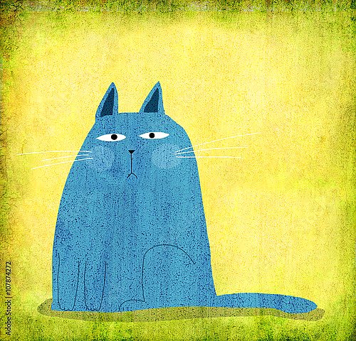 Синий грустный кот на желтом фоне