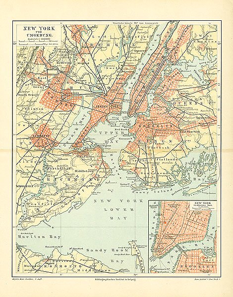 Карта Нью-Йорка и его окрестностей, конец 19 в. 3