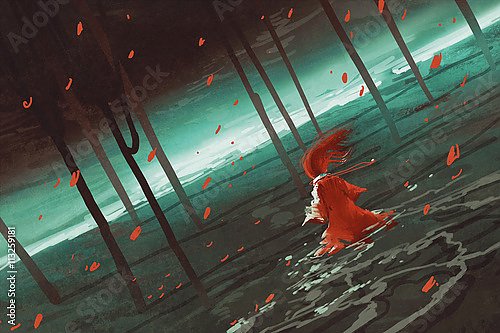 Женщина в красном на болоте