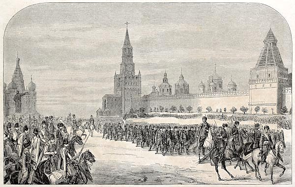 Russian Imperial's family Chasseurs parade in front of Moscow Kremlin. Created by Sorieul, published