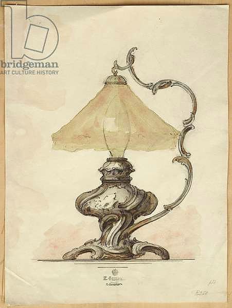 Drawing of a silver table lamp with a twisted fluted body in rococo style, House of Carl Faberge