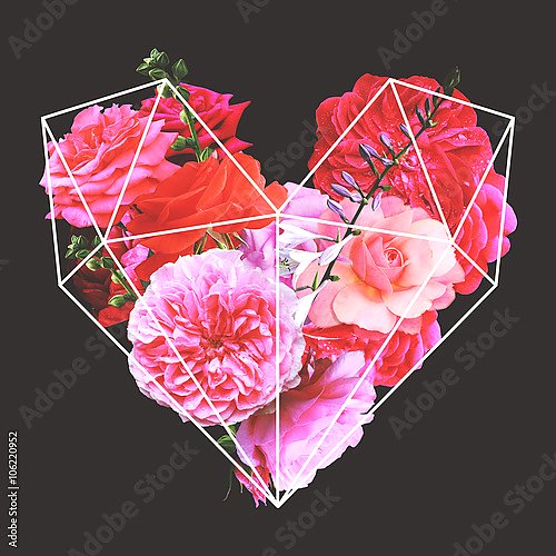 Коллаж из роз и пионов в форме сердца