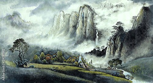 Китайский пейзаж с туманным водопадом и горами