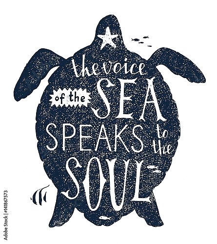 Надпись в силуэте черепахи the voice of the sea speaks to the soul