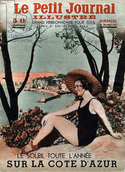 A young woman in a swimsuit on the French Riviera in December, promoting for holidays in the sunny region. Cover of “” Le petit journal illustrious””” of 29/12/1935. Private Collection