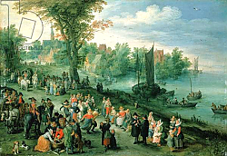 Постер Брейгель Ян Старший Wooded River Landscape with Peasants and Travellers Постер Брейгель Ян Старший Wooded River Landscape with Peasants and Travellers