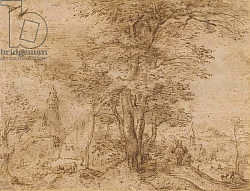 Постер Брейгель Питер Старший A village with a group of trees and a mule, c.1552-54 Постер Брейгель Питер Старший A village with a group of trees and a mule, c.1552-54