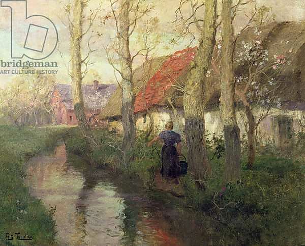 A French river landscape with a woman by cottages